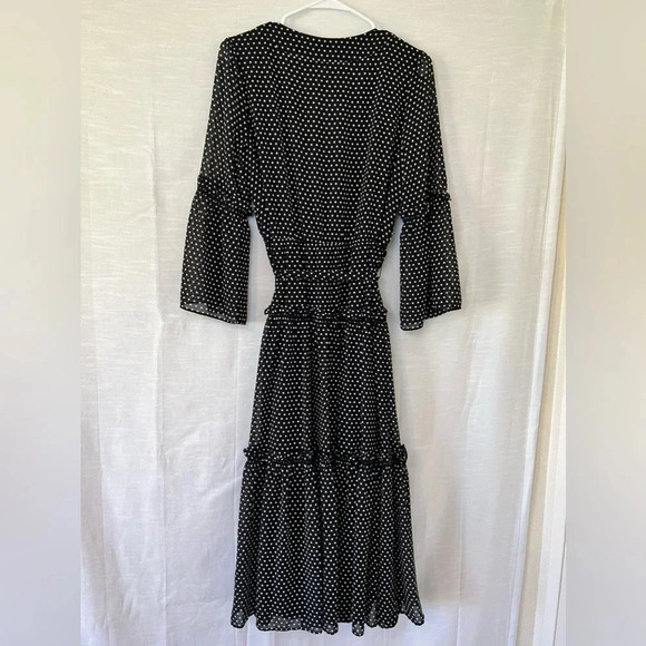 MICHAEL KORS Tiered Polka Dot Chiffon MIDI Dress Black - Picture 8 of 9